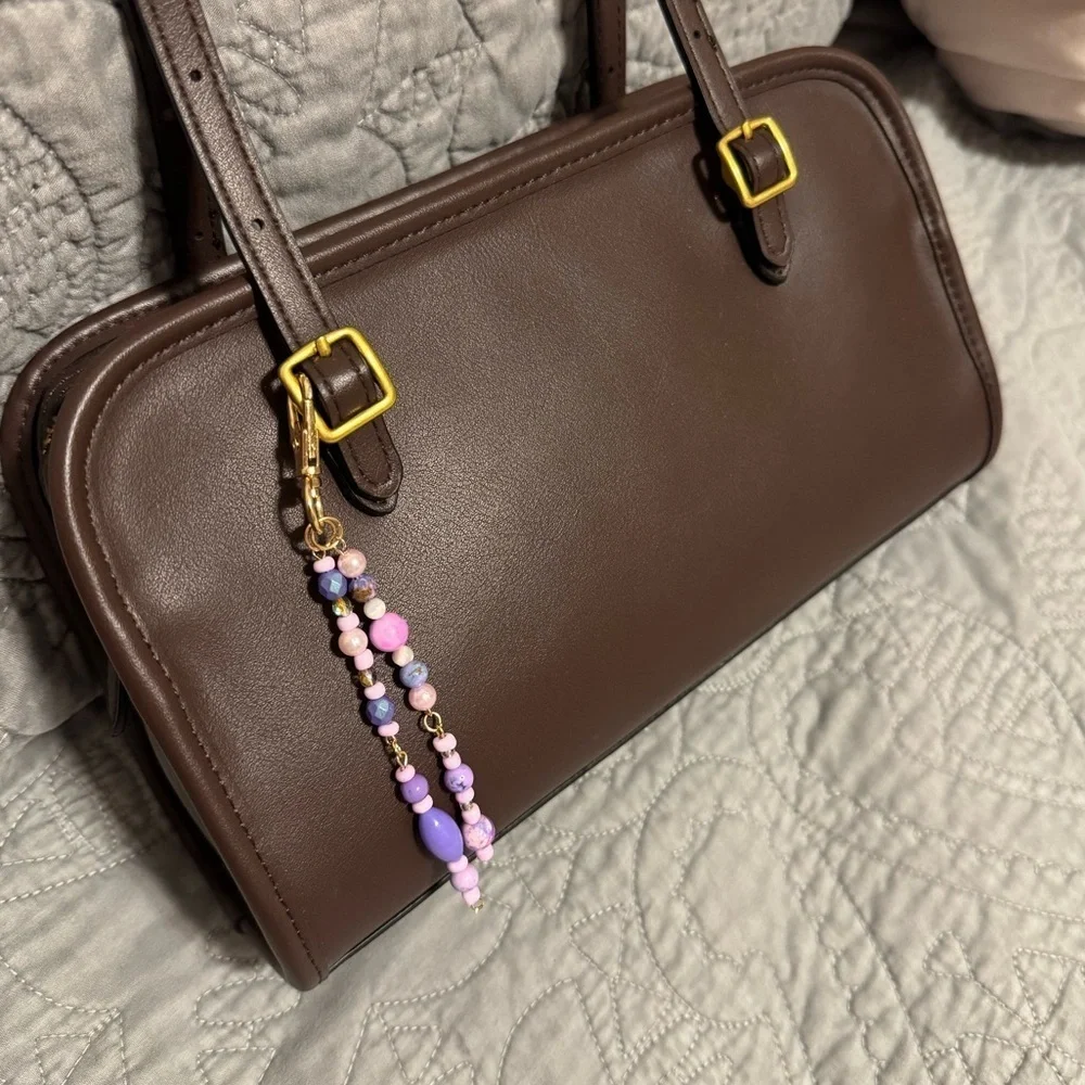 Boho Purple and Pink Beaded Bag Charm Keychain with Gold Colored Hardware